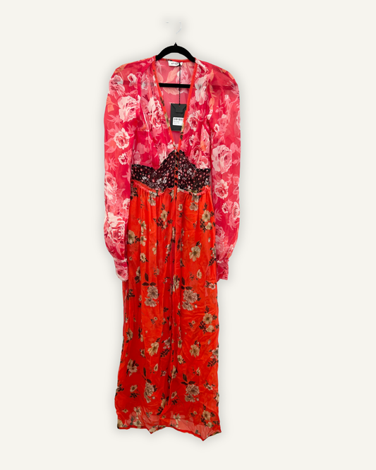 Abito Lungo Attico in Chiffon con Stampa Floreale e Maniche Trasparenti