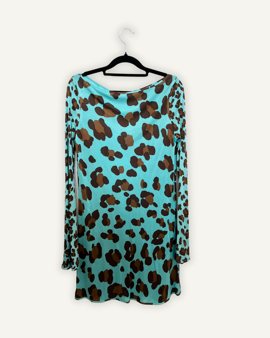 Mini Dress di Blumarine Animalier Turchese con Maniche a Campana