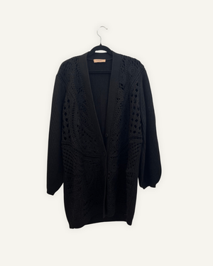Cardigan TwinSet Lungo in Maglia Traforata Nera