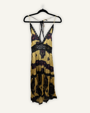 Mini Dress di Daslu Senape con Stampa Paisley e Bordi in Pizzo Nero
