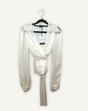 Elisabetta Franchi White Chiffon Wrap Blouse with Puffed Sleeves