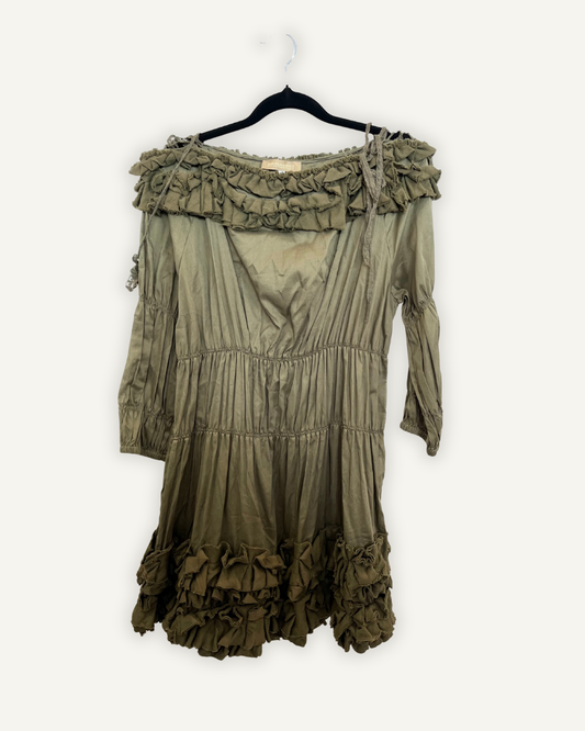 Mini Dress Ermanno Verde Oliva con Volant e Scollo Bardot