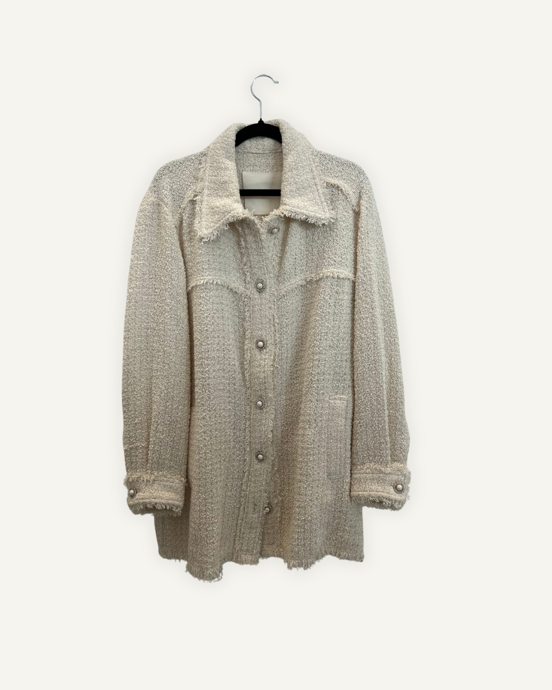 Blazer in Tweed Bianco Crema con Finiture Sfilacciate