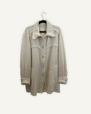 Blazer in Tweed Bianco Crema con Finiture Sfilacciate