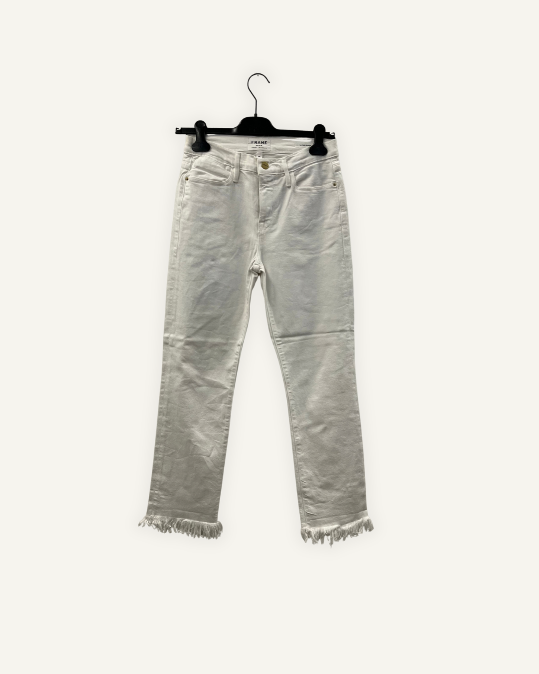 Jeans bianchi Frame Le High Straight con fondo sfrangiato