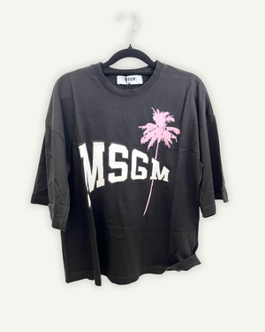 T-shirt di MSGM nera con logo e stampa palma rosa