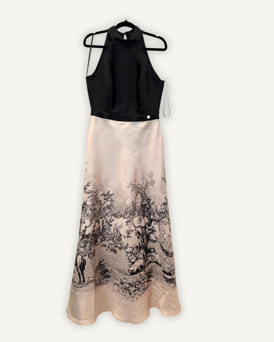 Nualy Halterneck Pink Satin Dress with Toile de Jouy Print