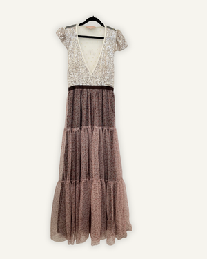 Madame ShouShou Evening Gown with Silver Sequin Bodice and Pink Tulle Skirt