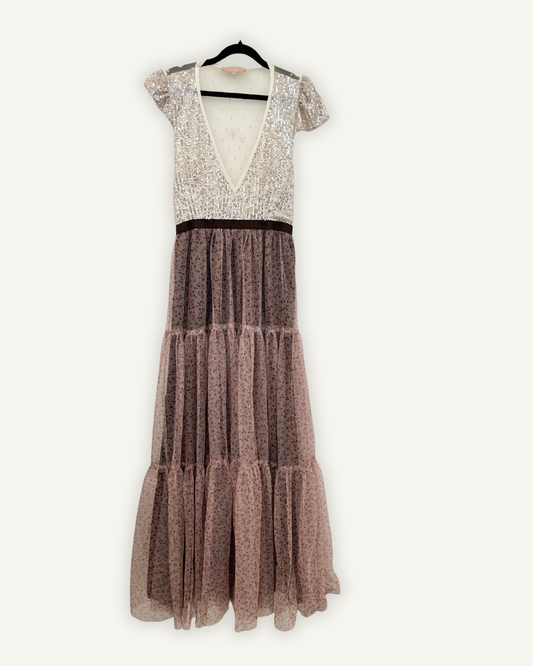 Madame ShouShou Evening Gown with Silver Sequin Bodice and Pink Tulle Skirt