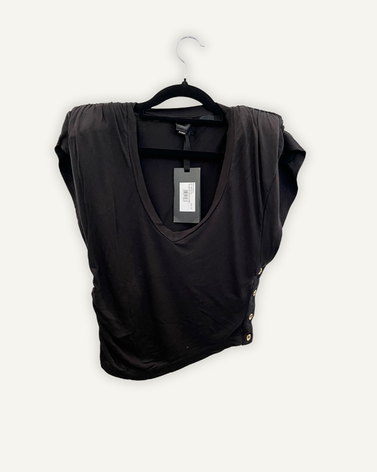 Pinko black top with padded shoulders and gold buttons