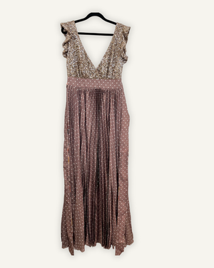 Elegant Madame ShouShou Dress with Bronze Sequin Top and Pleated Polka Dot Skirt