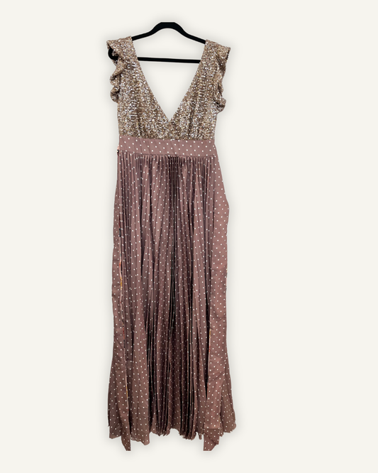 Elegant Madame ShouShou Dress with Bronze Sequin Top and Pleated Polka Dot Skirt