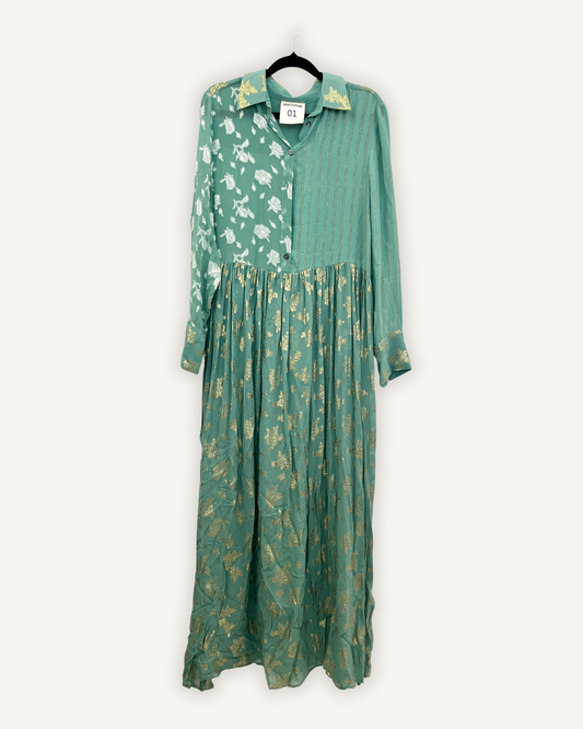 Abito Chemisier di Semicouture Verde Ottanio con Ricami Oro e Patchwork di Fantasie