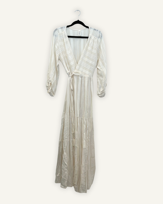 Souvenir Long Ivory Wrap Dress with Puffed Sleeves and Striped Texture