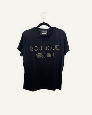 T-Shirt Boutique Moschino Nera con Logo in Borchie Dorate