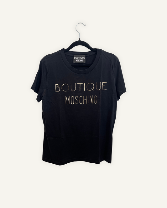 T-Shirt Boutique Moschino Nera con Logo in Borchie Dorate