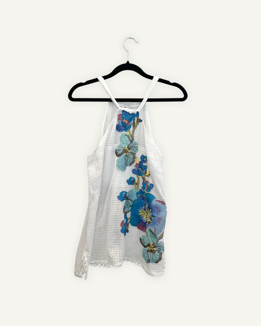 Top halter Raffaella D'Angelo a rete con maxi ricamo floreale