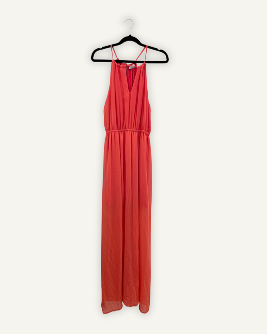 Twin Set Coral Halter Neck Fluid Chiffon Maxi Dress