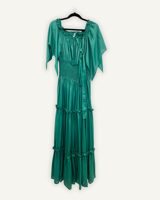Abito Lungo Paris Valtadoros Verde Smeraldo in Satin con Punto Smock
